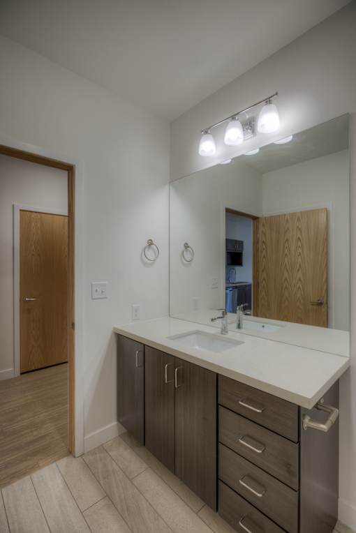 A bathroom with a sink, mirror, and wooden cabinets.