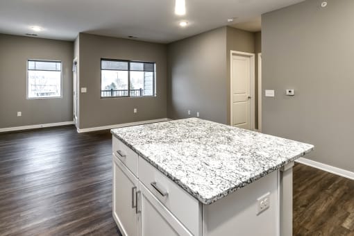 Large kitchen White cabinet countertops at LIV 156 Apartments in Omaha, NE