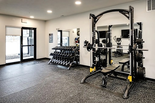 A gym with a squat rack, bench, and weights.