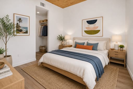 A bedroom with a bed, nightstands, and a plant.