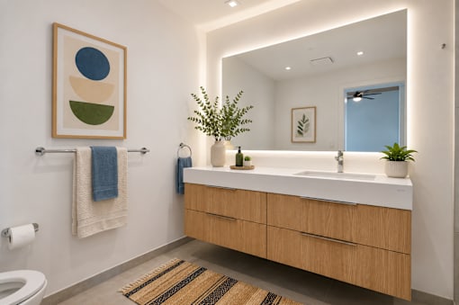 A bathroom with a white counter top and a brown rug.