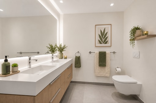 A modern bathroom with a white toilet, a white sink, and a green towel.