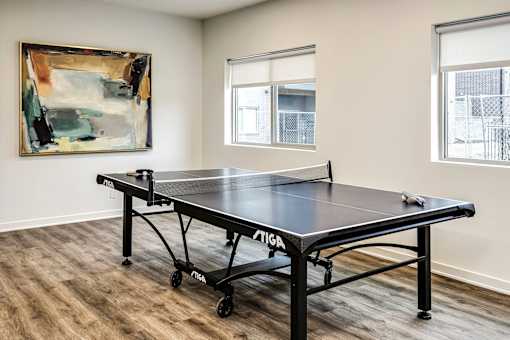VUE 19 (Clubhouse) - Ping pong table with the word TIGA on it is in the middle of a room.