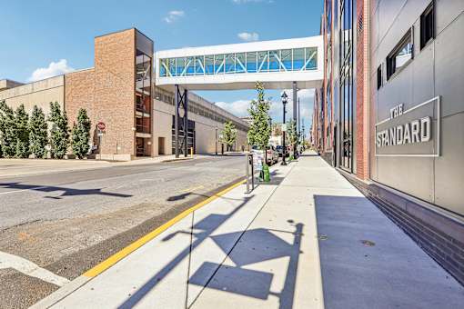 A street view with a pedestrian crossing and a building with a sign that says "The Standard".