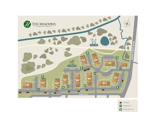 A map of The Meadows shows the layout of roads, houses, and facilities.