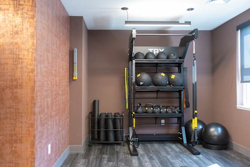 A TRVY rack with kettlebells and weight plates in a room.