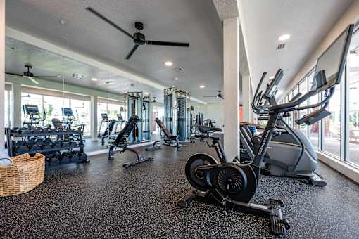 A gym with a variety of exercise equipment including treadmills, stationary bikes, and elliptical machines.