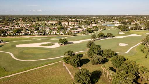 A golf course with a green and a tree in the foreground.