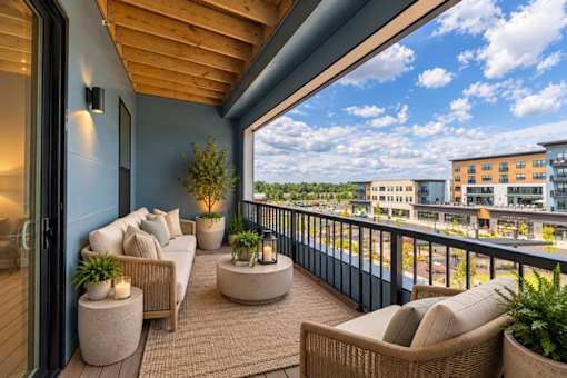 A balcony with a couch, chairs and potted plants.