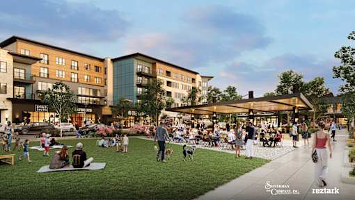 A rendering of a modern apartment complex with a lush green lawn and people enjoying the outdoors at The District at Deerfield Residences Apartments, Mason, Ohio