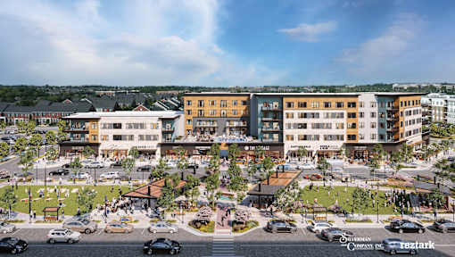 A rendering of a future town square with a large building in the background at The District at Deerfield Residences Apartments, Mason, OH