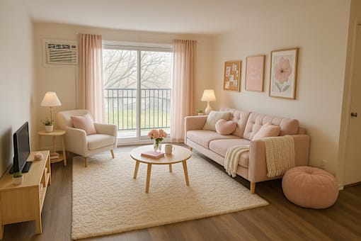 A living room with a sofa, armchair, and coffee table.