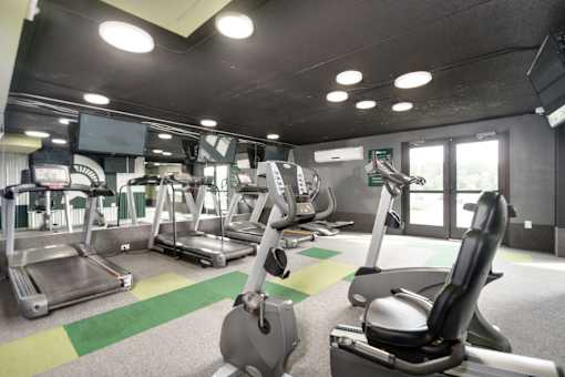 A gym with treadmills, exercise bikes and other equipment.
