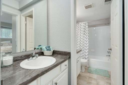 A bathroom with a sink, mirror, and shower.