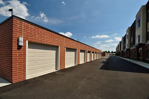 Garages at Living room at Southfield MI Apartments | 42 West Apartments in Southfield Michigan