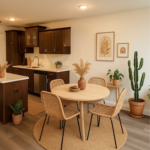 A kitchen with a table and chairs and a cactus.