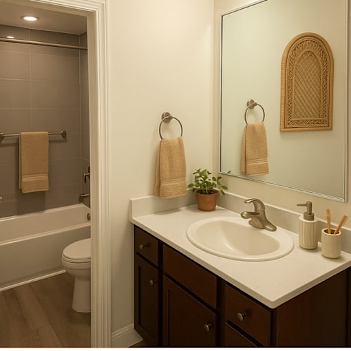 A bathroom with a white sink, brown drawers, and a white toilet.