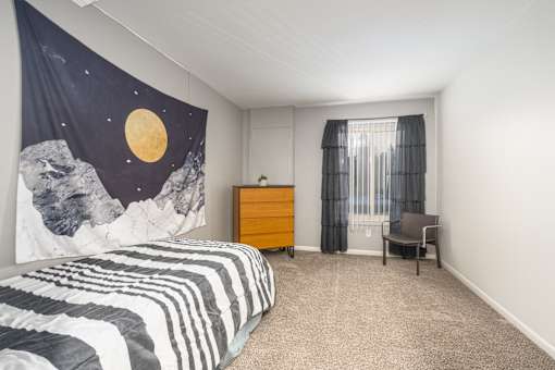 A bedroom with a bed, dresser, and chair.