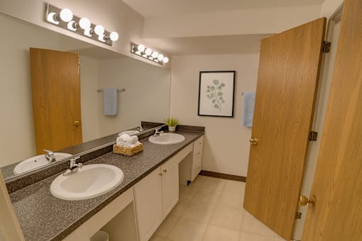 A bathroom with two sinks and a mirror.