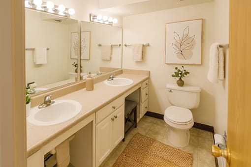 A bathroom with a toilet, sink, and mirror.