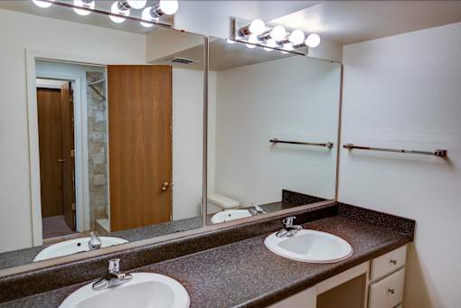 a bathroom with two sinks and a large mirror