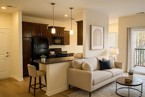 A kitchen with a black refrigerator and a white couch with blue pillows.
