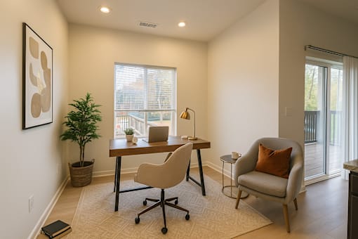 A room with a desk, chair, and a potted plant.