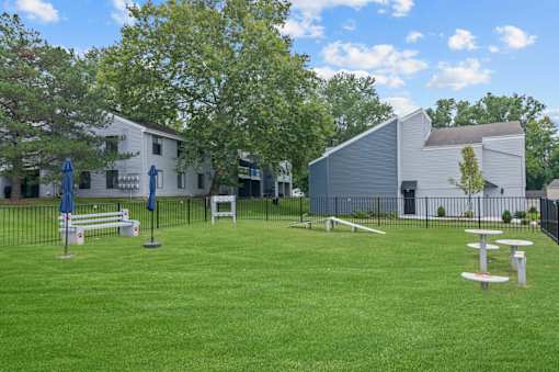 a large grassy area with picnic tables and umbrellas