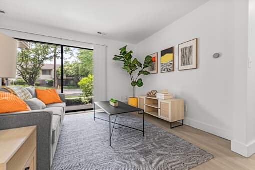 A living room with a grey couch, a black table, and a grey rug.