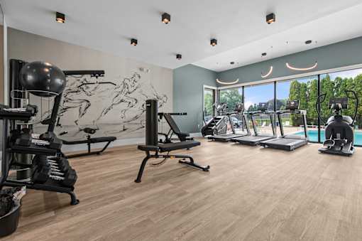 A gym with a variety of equipment including treadmills, weights, and exercise machines at Park On Canal Apartments - Clinton Twp, MI Apartments, Clinton Twp, Michigan