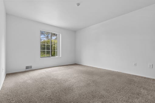 a bedroom with white walls and carpet