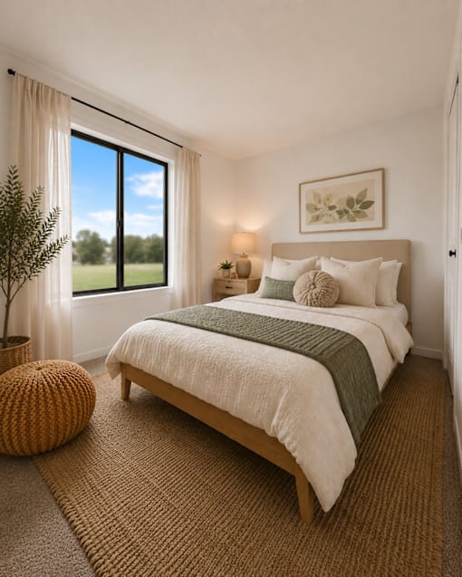 A bedroom with a large bed and a window overlooking a green field. at Park On Canal Apartments - Clinton Twp, MI Apartments, Clinton Twp