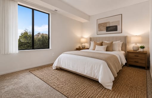 A bedroom with a large bed and a window overlooking trees. at Park On Canal Apartments - Clinton Twp, MI Apartments, Michigan, 48038