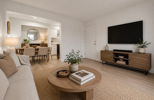 A living room with a couch, a coffee table, a dining table, and a television. at Park On Canal Apartments - Clinton Twp, MI Apartments, Michigan