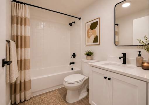 A bathroom with a toilet, sink, and shower at Park On Canal Apartments - Clinton Twp, MI Apartments, Clinton Twp, 48038