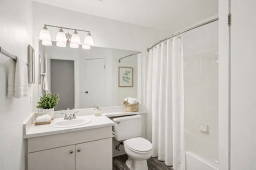 A white bathroom with a toilet, sink, mirror, and shower.