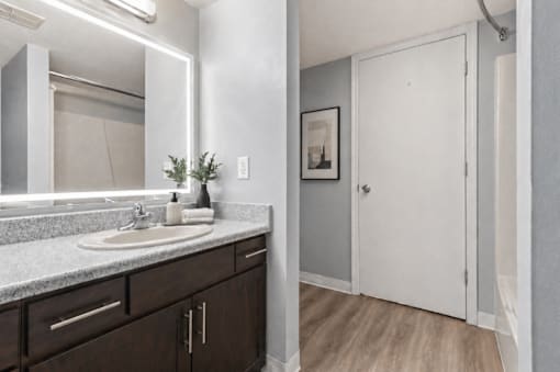 A bathroom with a sink, mirror, and wooden cabinets.