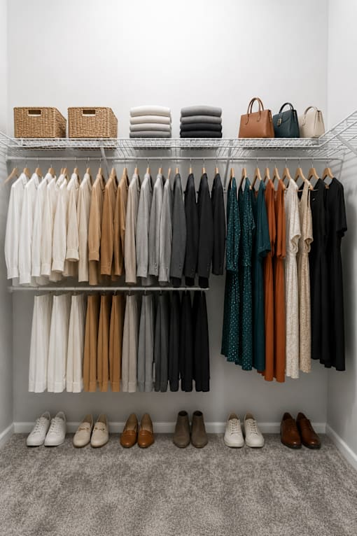 A closet with clothes and shoes.
