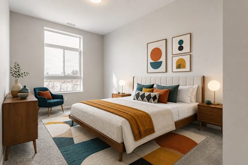 A bedroom with a large bed, a chair, and a wooden cabinet.
