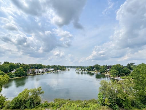 A serene lake surrounded by lush greenery under a partly cloudy sky.