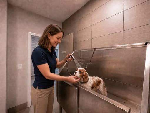 A woman is giving a dog a bath in a stainless steel sink.