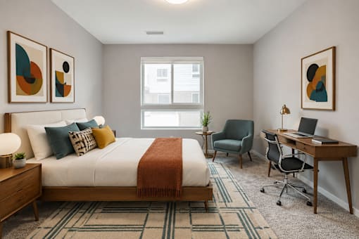 A bedroom with a bed, desk, and chair.