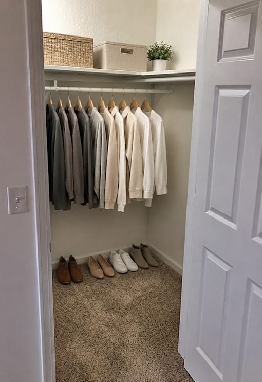 Clothes hanging on a rack in a room.