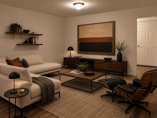A living room with a white couch, a black chair, and a painting on the wall.