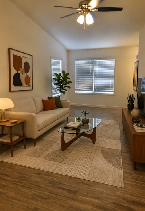 A living room with a beige couch, a coffee table, and a ceiling fan.