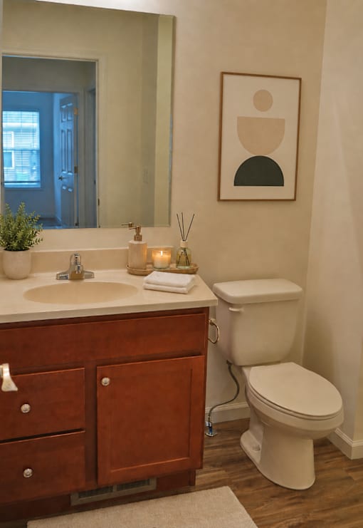 A bathroom with a toilet, sink, and a framed picture on the wall.