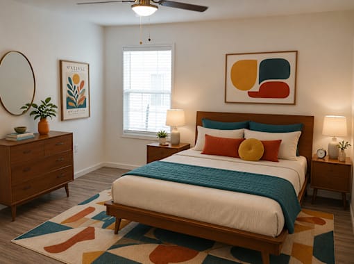 A bedroom with a bed, nightstands, and a rug.