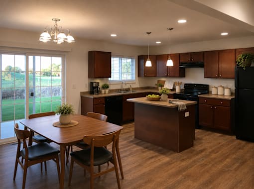 A kitchen with wooden floors and brown cabinets.