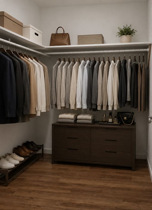 A closet with a brown shelf and clothes hanging.