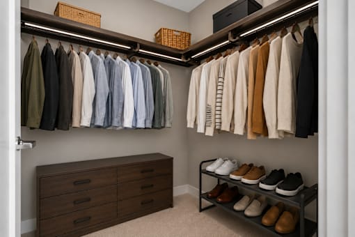 A closet with clothes and shoes.